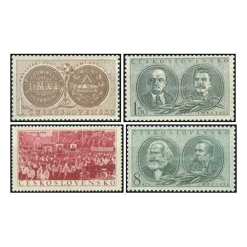 4 عدد تمبر روز کارگر - با تصاویر استالین ، لنین ، مارکس و انگل - چک اسلواکی 1953