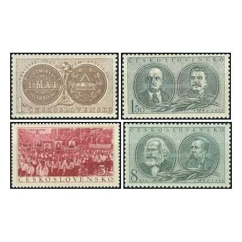 4 عدد تمبر روز کارگر - با تصاویر استالین ، لنین ، مارکس و انگل - چک اسلواکی 1953
