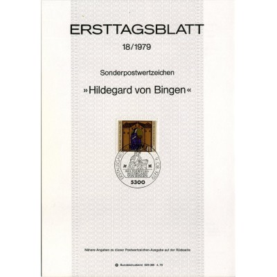 برگه اولین روز انتشار تمبر ۹۰۰مین سالگرد مرگ هیلدگارد بینگن - جمهوری فدرال آلمان 1979