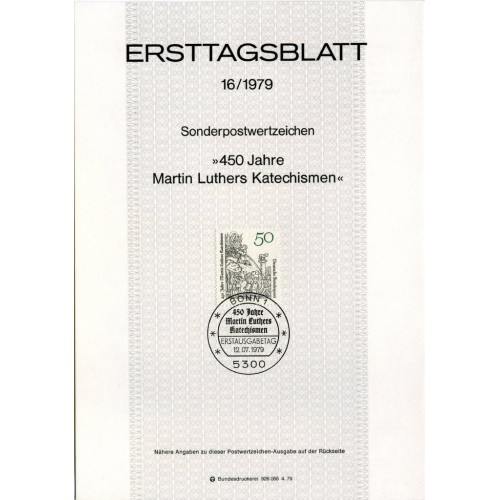 برگه اولین روز انتشار تمبر ۴۵۰مین سالگرد مارتین لوتر - جمهوری فدرال آلمان 1979