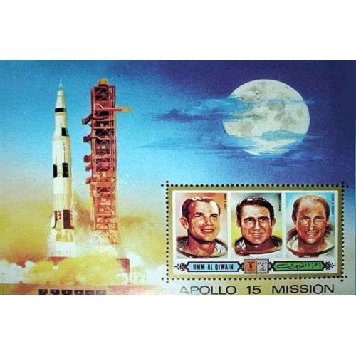 مینی شیت آپولو 15 فضانوردان و پرتاب موشک - بدون دندانه - ام القوین 1972 کیفیت MN