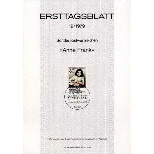 برگه اولین روز انتشار تمبر پنجاهمین سالگرد تولد آن فرانک - جمهوری فدرال آلمان 1979