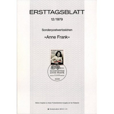 برگه اولین روز انتشار تمبر پنجاهمین سالگرد تولد آن فرانک - جمهوری فدرال آلمان 1979