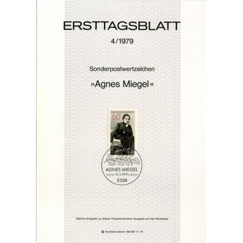 برگه اولین روز انتشار تمبر صدمین سالگرد تولد اگنس میگل  - جمهوری فدرال آلمان 1979