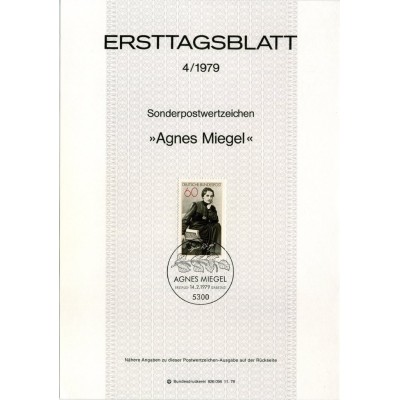 برگه اولین روز انتشار تمبر صدمین سالگرد تولد اگنس میگل  - جمهوری فدرال آلمان 1979