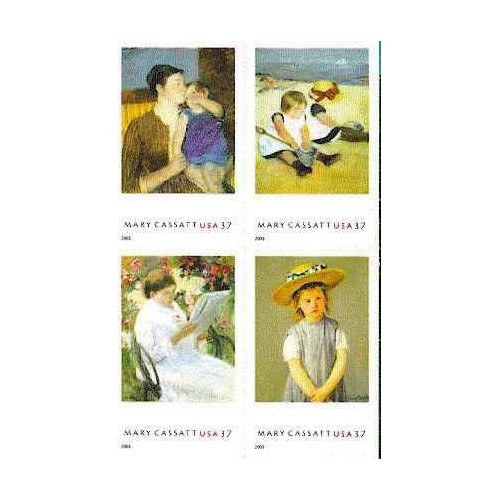 4 عدد تمبر تابلوهای نقاشی مری کاسات - تمبرهای کتابچه  - خودچسب - آمریکا 2003 دو سری  - پشت و رو تمبر