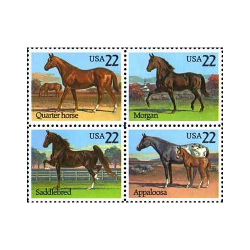 4 عدد تمبر نژاد اسب آمریکایی - خودچسب - آمریکا 1985
