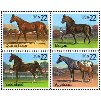 4 عدد تمبر نژاد اسب آمریکایی - خودچسب - آمریکا 1985