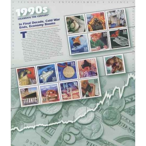 مینی شیت جشن قرن، دهه 1990 - در دهه پایانی، پایان جنگ سرد، رونق اقتصادی - آمریکا 2000 ارزش روی شیت 4.95 دلار