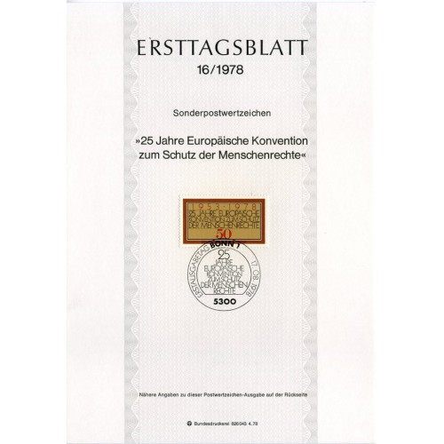 برگه اولین روز انتشار تمبر حمایت از حقوق بشر - جمهوری فدرال آلمان 1978