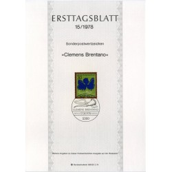 برگه اولین روز انتشار تمبر دویستمین سالگرد تولد کلمنس برنتانو، شاعر - جمهوری فدرال آلمان 1978