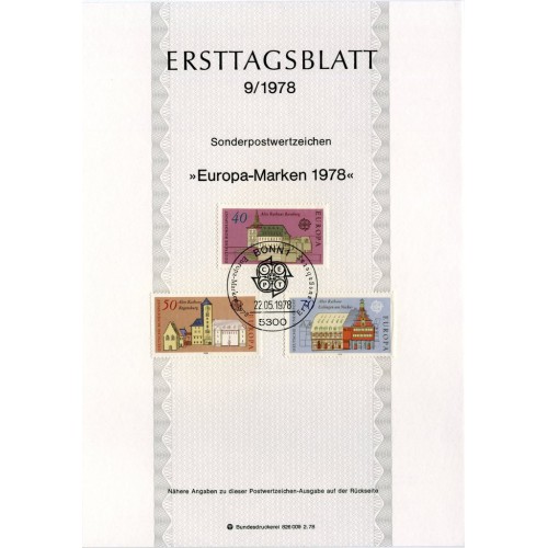 برگه اولین روز انتشار تمبر تمبرهای اروپا - بناهای تاریخی - جمهوری فدرال آلمان 1978