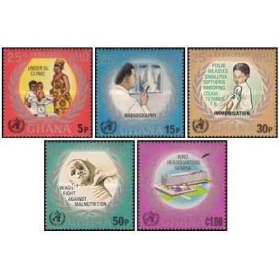 5 عدد تمبر بیست و پنجمین سالگرد سازمان بهداشت جهانی - W.H.O..- غنا 1973 قیمت 4.5 دلار