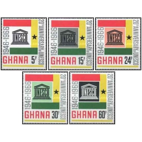 5 عدد تمبر بیستمین سالگرد تاسیس یونسکو - غنا 1966 قیمت 8.5 دلار