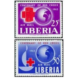 2 عدد تمبر پست هوایی - صدمین سالگرد صلیب سرخ -  لیبریا 1963