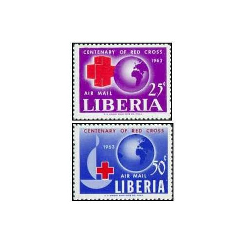 2 عدد تمبر پست هوایی - صدمین سالگرد صلیب سرخ -  لیبریا 1963