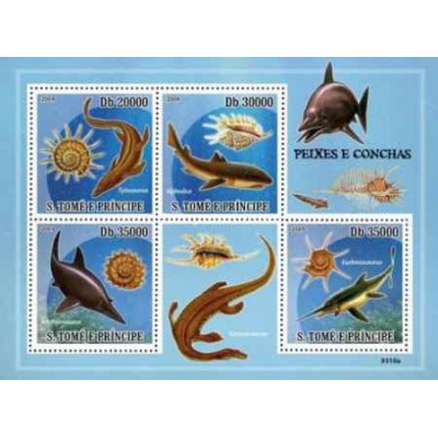 مینی شیت جانوران -  ماهی و صدف  - دایناسور - 4 تمبری - سائو تام و پرینسیپ 2009