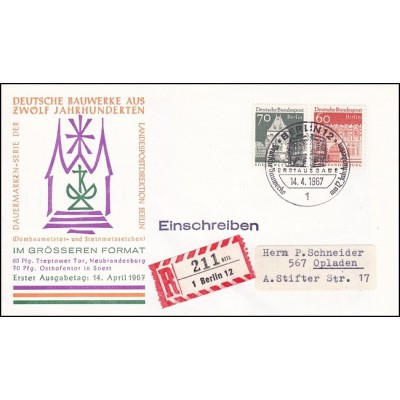 پاکت مهر روز تمبرهای سری پستی  دروازه براندنبورگ - 60و70 -  برلین آلمان 1966