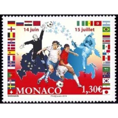 1 عدد  تمبر فوتبال - جام جهانی فوتبال، روسیه - با پرچم ایران - موناکو 2018 ارزش روی تمبر 1.3 یورو