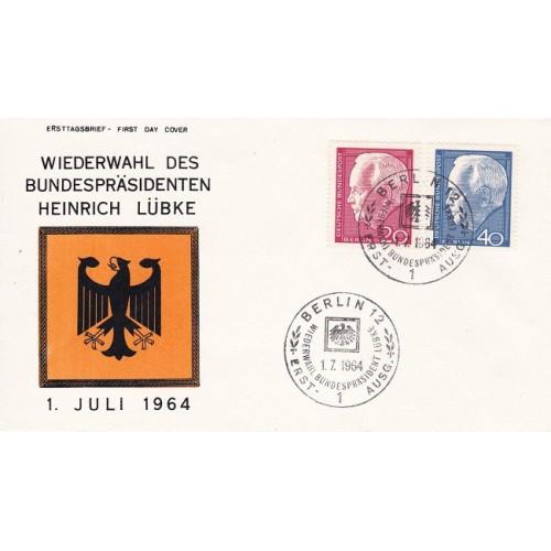 پاکت مهر روز تمبر انتخاب مجدد رئیس جمهور هاینریش لوبکه - برلین آلمان 1964