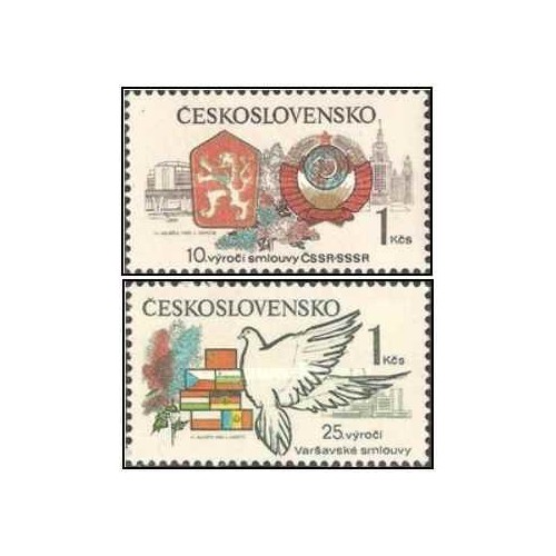 2 عدد تمبر سالگردها - دهمین سالگرد پیمان چک و شوروی  -بیست و پنجمین سالگرد پیمان ورشو -  چک اسلواکی 1980