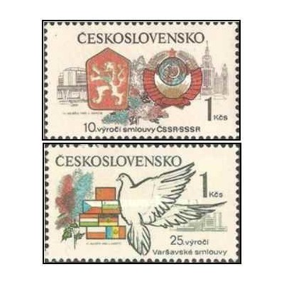 2 عدد تمبر سالگردها - دهمین سالگرد پیمان چک و شوروی  -بیست و پنجمین سالگرد پیمان ورشو -  چک اسلواکی 1980