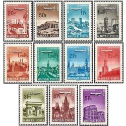 11 عدد  تمبر سری پستی - شهرها و هواپیماها - مجارستان 1966