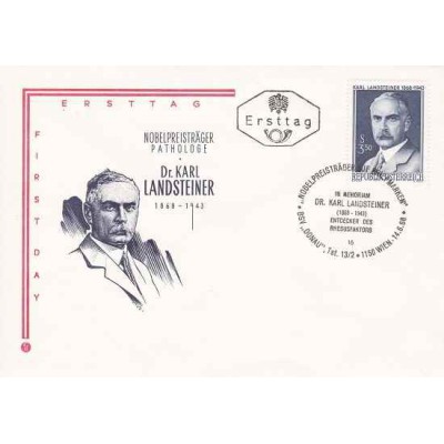 پاکت مهر روز یادبود دکتر کارل لنداشتینر - زیست شناس و ایمونولوژیست - اتریش 1968
