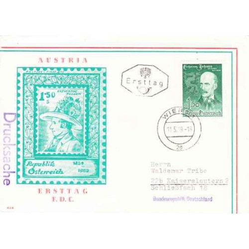 پاکت مهر روز صدمین سالگرد مرگ آرشیدوک یوهان -نایب السلطنه آلمان - اتریش - اتریش 1959 پاکت مهر روز صدمین سالگرد مرگ آرشیدوک یوهان -نایب السلطنه آلمان - اتریش - اتریش 1959