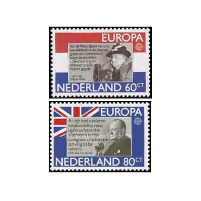 2 عدد  تمبر مشترک اروپا - Europa Cept - افراد مشهور- ملکه ولمینا و چرچیل - هلند 1980