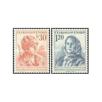 2 عدد  تمبر دهمین سالگرد قیام ملی اسلواکی - چک اسلواکی 1954 کیفیت MN