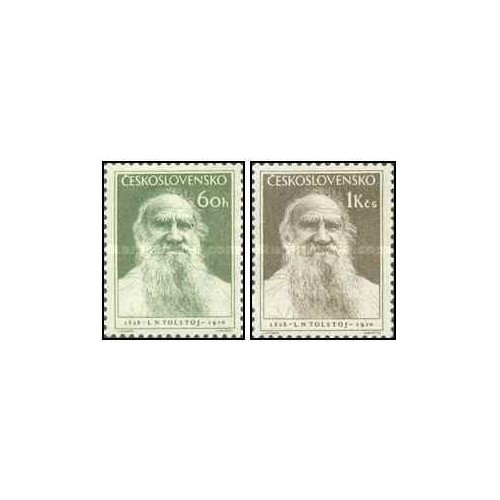 2 عدد  تمبر صد و بیست و پنجمین سالگرد تولد لئو تولستوی، نویسنده - چک اسلواکی 1953 کیفیت MN