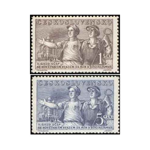 2 عدد  تمبر دوستی چکسلواکی و شوروی - چک اسلواکی 1950