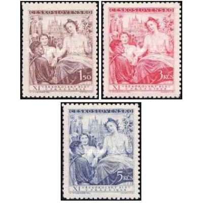 3 عدد  تمبر یازدهمین کنگره سوکول - تابلو - چک اسلواکی 1948