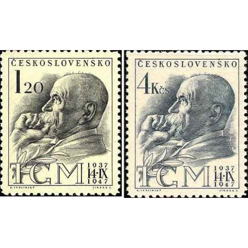 2 عدد تمبر دهمین سالگرد مرگ توماس گاریگ ماساریک - چک اسلواکی 1947