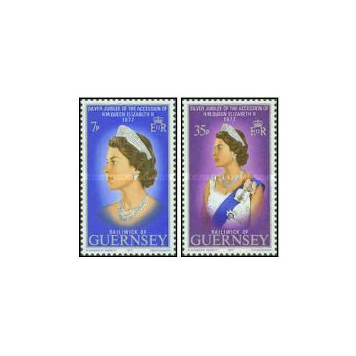 2 عدد  تمبر سالگرد نقره ای جلوس ملکه الیزابت دوم - گورنزی 1977
