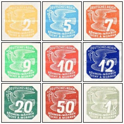 9 عدد  تمبر سری پستی - تمبر روزنامه - کتیبه: "DEUTSCHES REICH" در بالا - یوهمیا و موراویا 1943 برخی اقلام با شارنیه