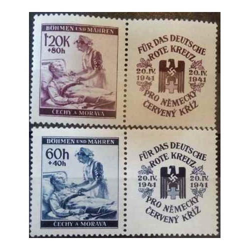 2 عدد  تمبر صلیب سرخ - با تب - یوهمیا و موراویا 1941