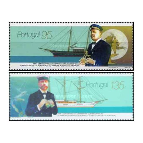2 عدد  تمبر سفرهای علوم اقیانوسی پادشاه کارلوس اول و آلبرت اول موناکو - پرتغال 1996