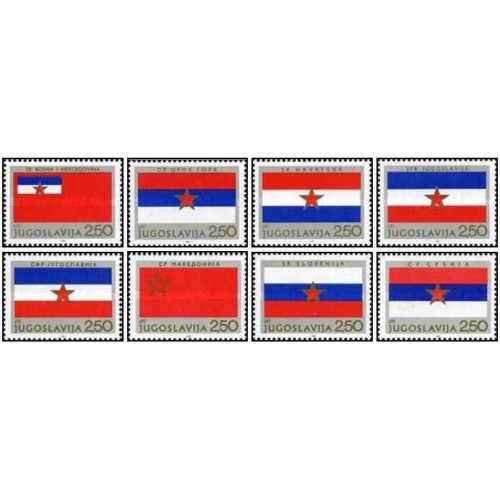 8 عدد  تمبر روز جمهوری - پرچم های جمهوری سوسیالیستی - یوگوسلاوی 1980