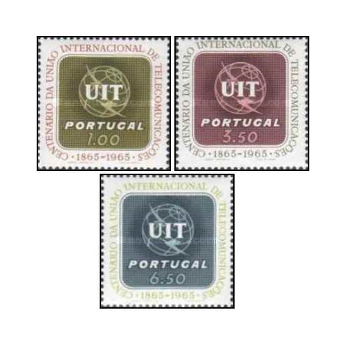 3 عدد  تمبر  صدمین سالگرد تاسیس اتحادیه جهانی مخابرات - UIT - پرتغال 1965