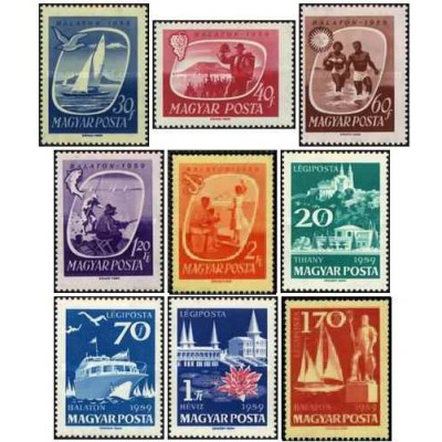 9 عدد  تمبر دریاچه بالاتون - مجارستان 1959