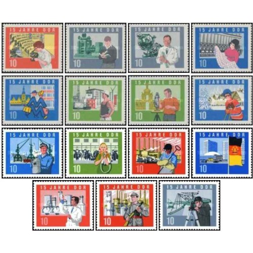 15 عدد تمبر پانزدهمین سالگرد جمهوری دموکراتیک آلمان - جمهوری دموکراتیک آلمان 1964
