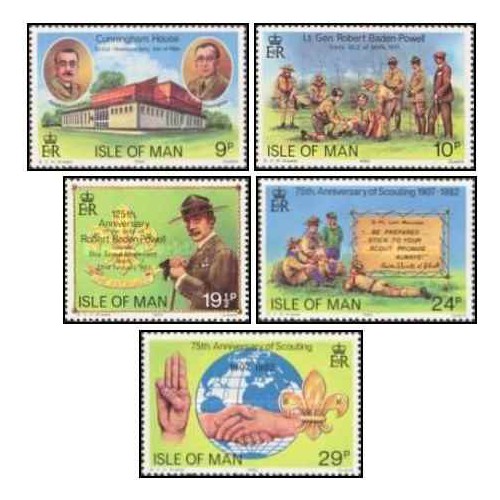 5 عدد تمبر 75مین سالگرد جنبش پیشاهنگی پسران، 125مین سالگرد تولد رابرت بادن پاول - جزیره من 1982