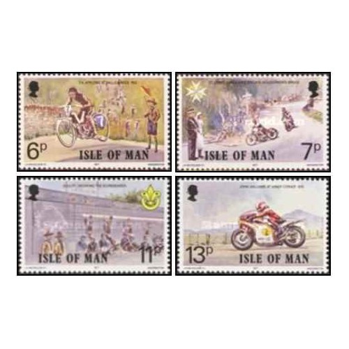 4 عدد تمبر هفتادمین سالگرد مسابقات موتورسواری جزیره من TT - جزیره من 1977