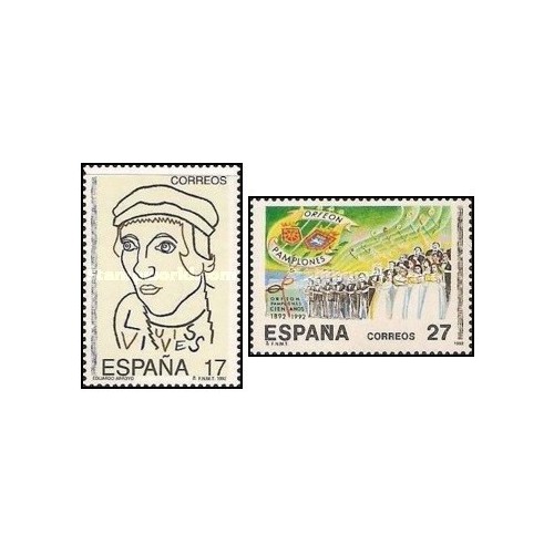 2 عدد تمبر  پانصدمین سالگرد تولد خوان لوئیس ویوز و صدمین سالگرد گروه کر پامپلونا - اسپانیا 1992