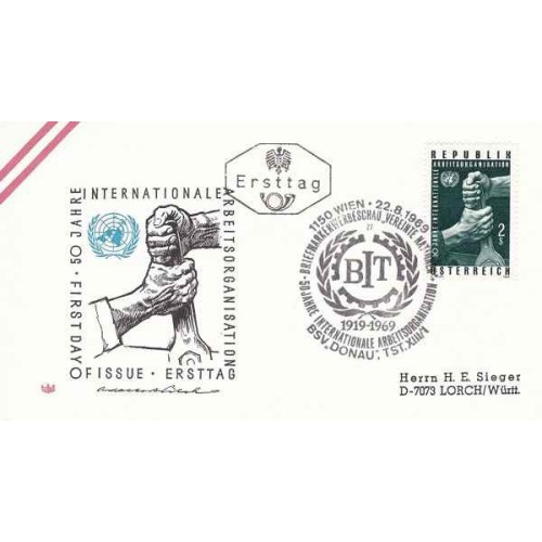 پاکت مهر روز ،پنجاهمین سالگرد تاسیس سازمان بین المللی کار - اتریش 1969 پاکت مهر روز ،پنجاهمین سالگرد تاسیس سازمان بین المللی کار - اتریش 1969