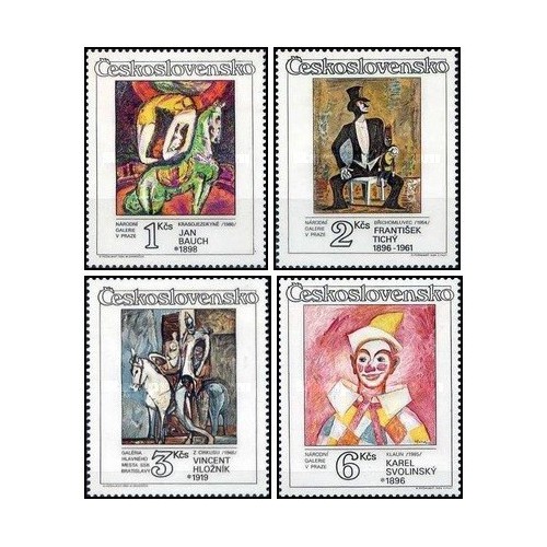 4 عدد تمبرسیرک و اعمال گوناگون آن بر روی نقاشی ها - چک اسلواکی 1986