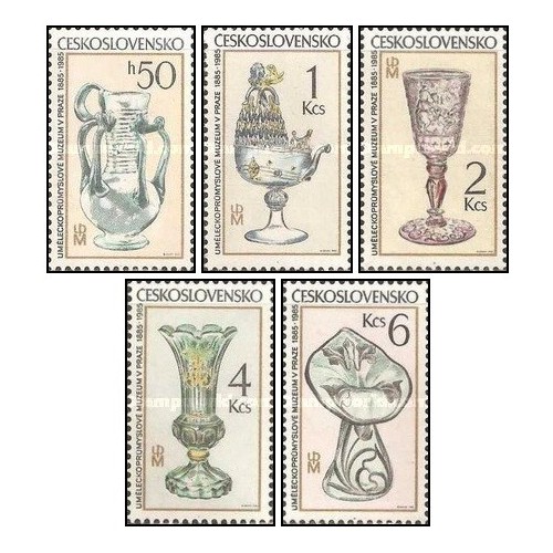 5 عدد تمبر صدمین سالگرد موزه هنر و صنایع دستی پراگ - ظروف شیشه ای - چک اسلواکی 1985