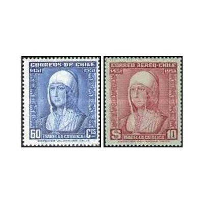 2 عدد تمبر پانصدمین سالگرد تولد ایزابلا کاتولیک - شیلی 1952